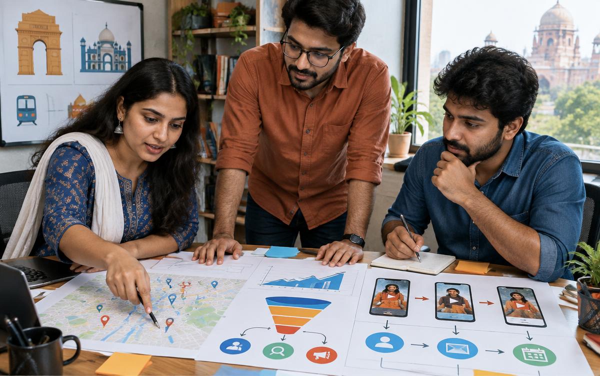 Business owners discussing a digital marketing plan with notes, charts and a laptop