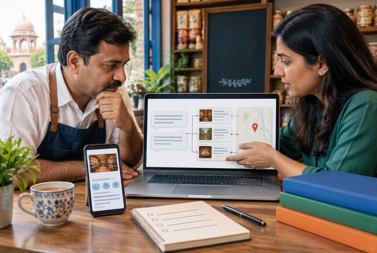 Two business owners comparing an AI search response on a laptop with information on a phone