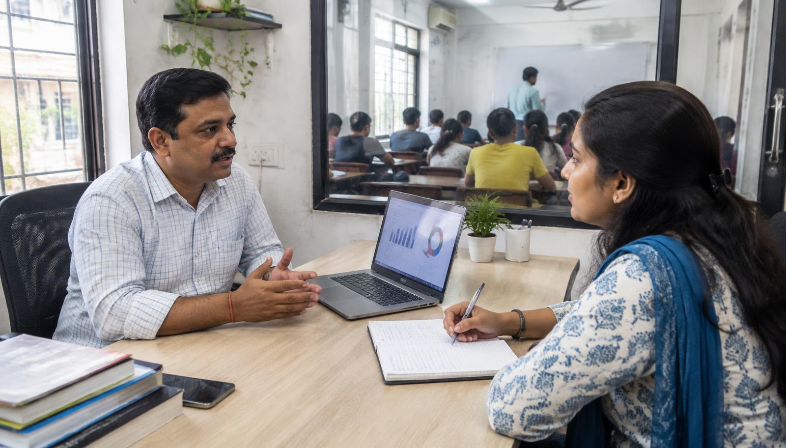 Illustrative scene of a coaching institute owner and marketing consultant discussing a campaign beside a classroom
