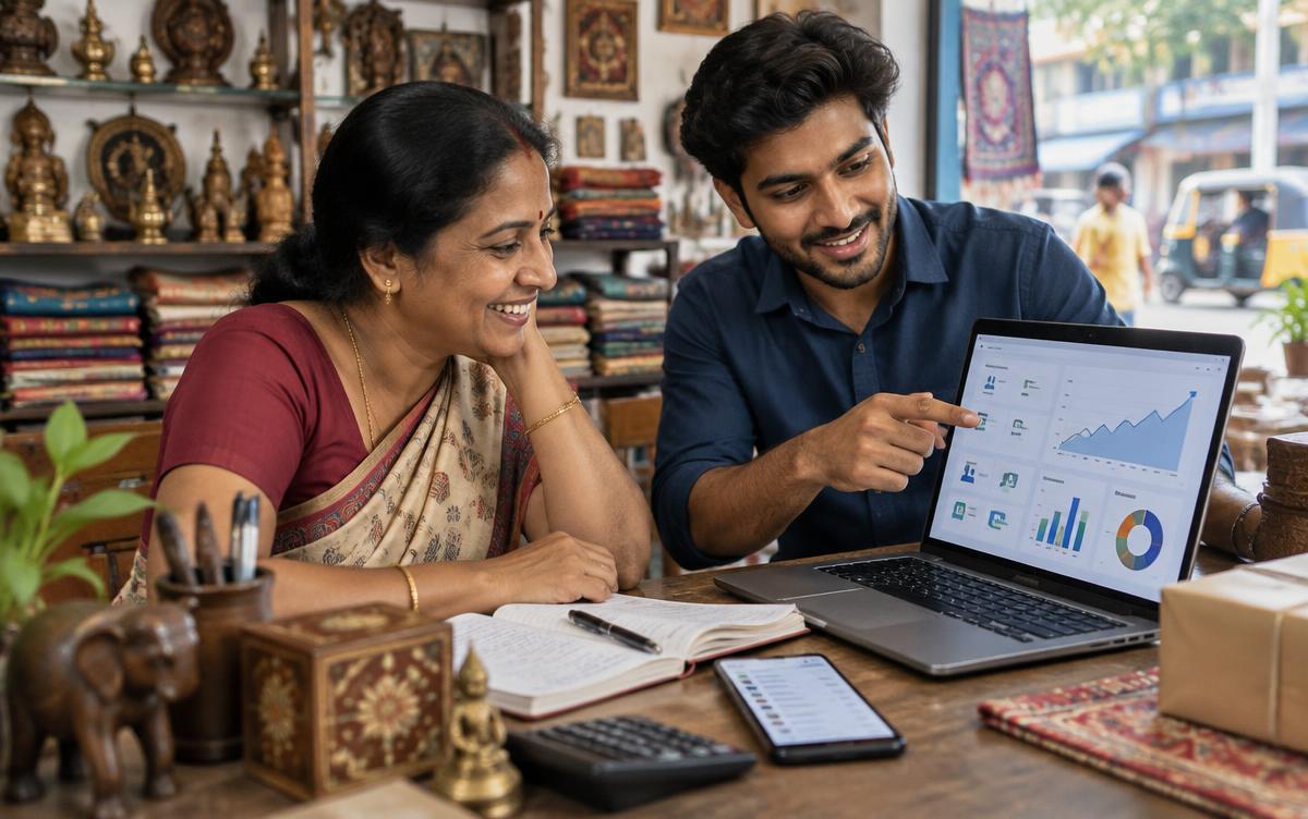 Shop owners reviewing online marketing charts on a laptop beside their product display
