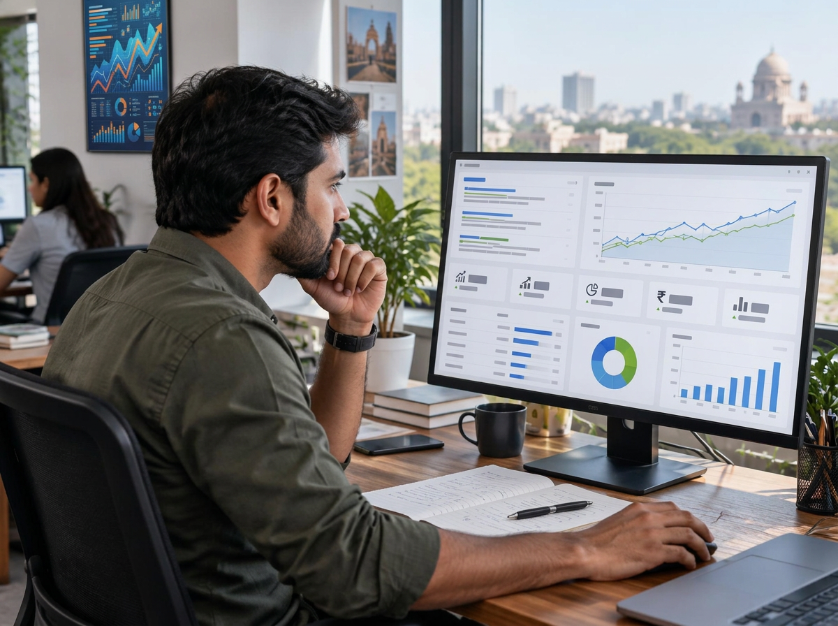 Google Ads specialist reviewing search campaign charts and ad settings on a desktop screen