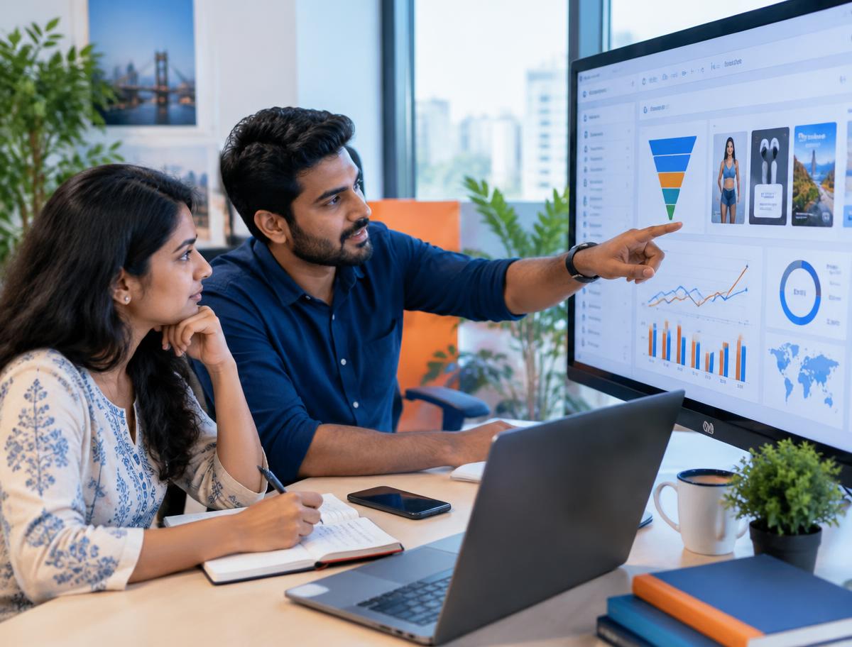 Marketing colleagues reviewing Meta Ads creative and audience charts on a large screen