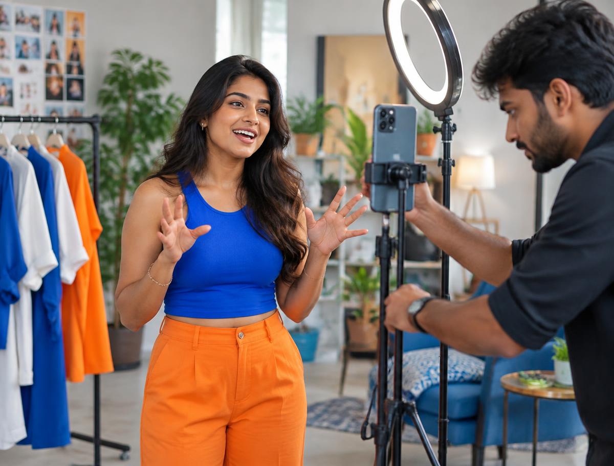 A short-form video shoot with a presenter, smartphone and ring light in a clothing store