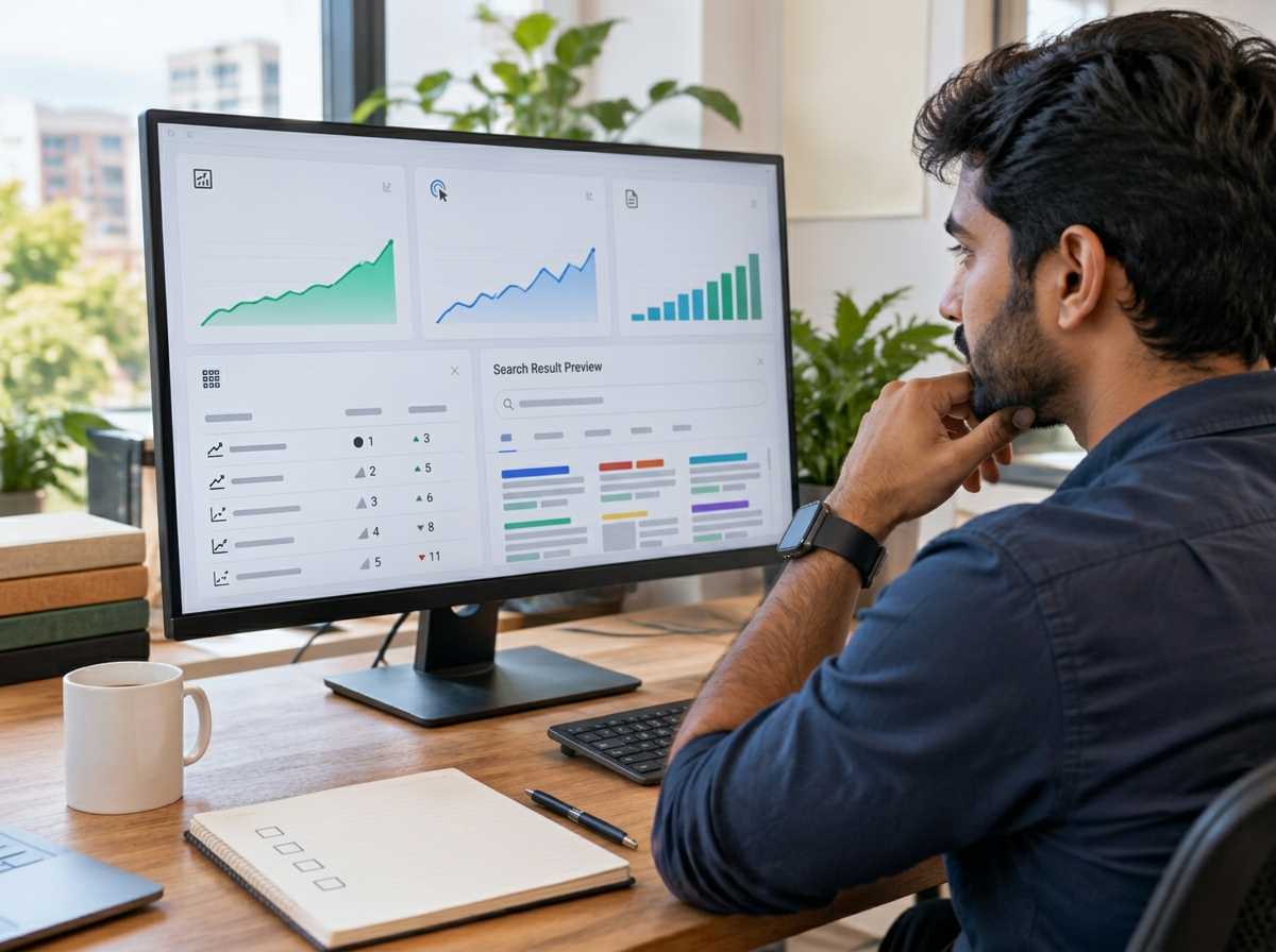 SEO specialist reviewing website search performance and optimisation tasks on a desktop screen