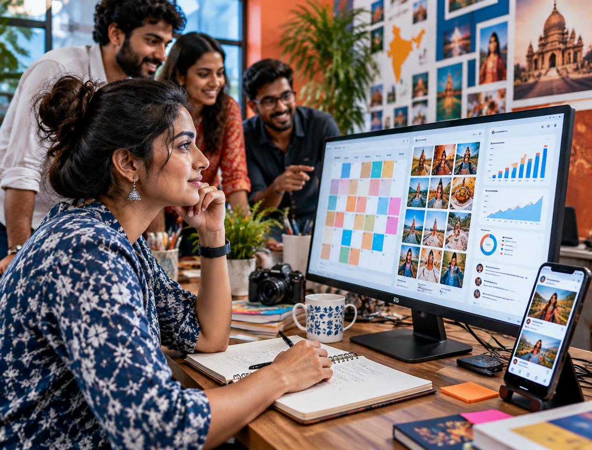 Social media team reviewing a visual content calendar and post designs together